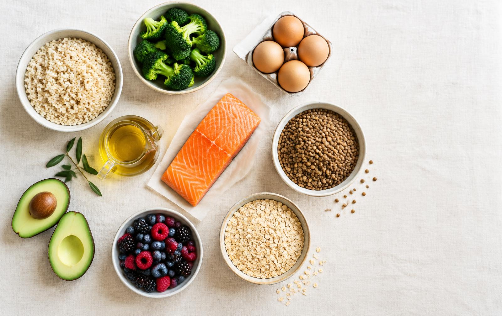 Overhead view of rice, broccoli, eggs, salmon, lentils, olive oil and fruit